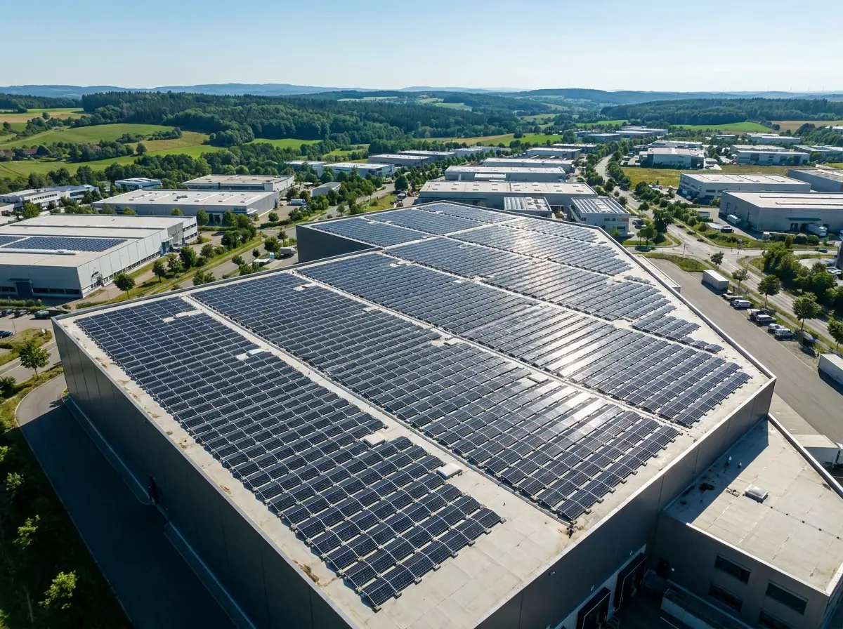 Flachdach mit aufgeständerten Solarmodulen aus der Luft
