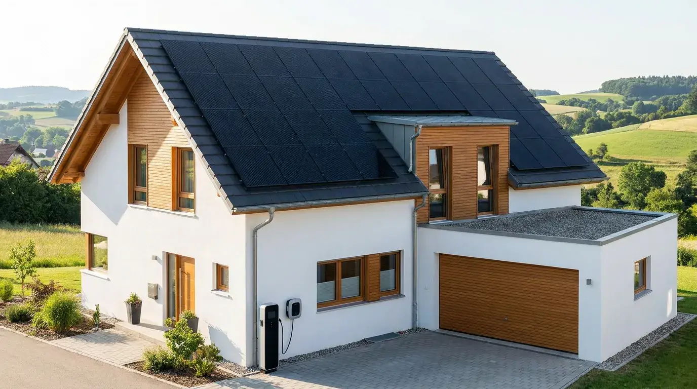 Einfamilienhaus mit 32 Solarmodulen und Wallbox – PVfix24 L Komplettpaket